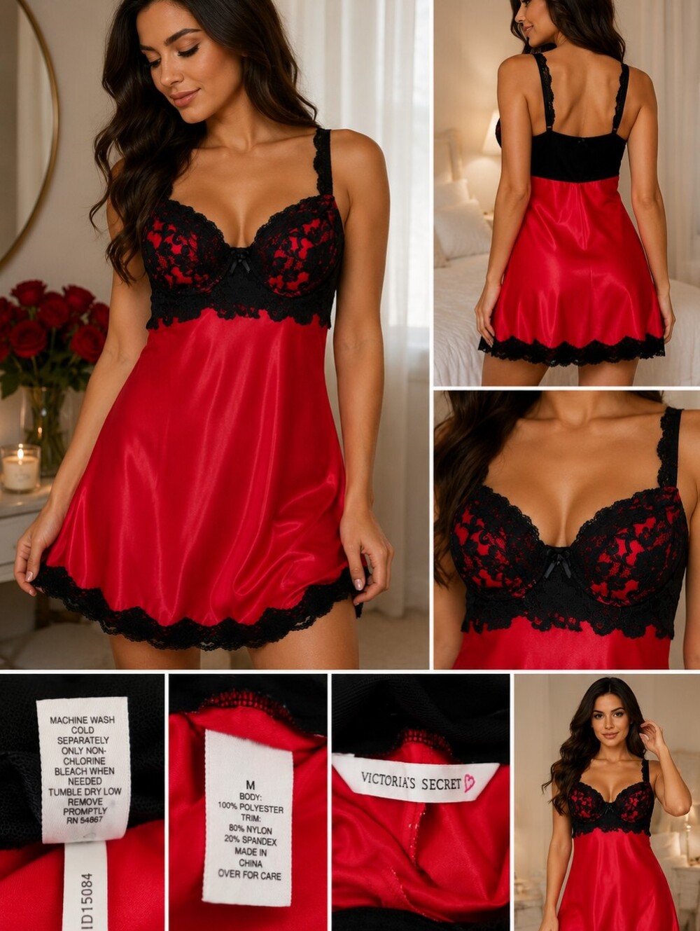 Victoria's Secret Satin Lace Chemise Babydoll Nightgown Red Black Lace Underwire